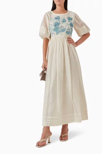 فستان فلورنس طويل مزين بتطريزات قطن وحرير