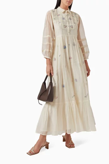 Hanna Embroidered Midi Dress in Cotton-silk