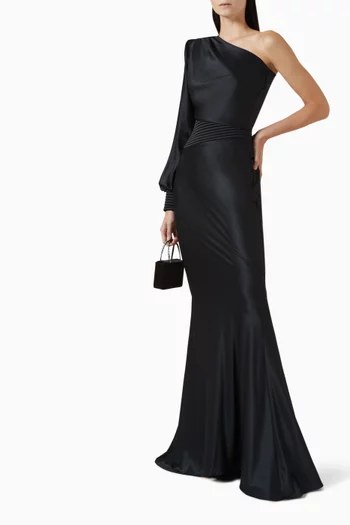 DON'T LOOK NOW GOWN- FULLY LINED BIAS CUT GOWN WITH SINGLE BILLOW CUT SLEEVE, SHOULDER ACCENT, STITCHED WAIST AND CUFF:BLK:6|217412058