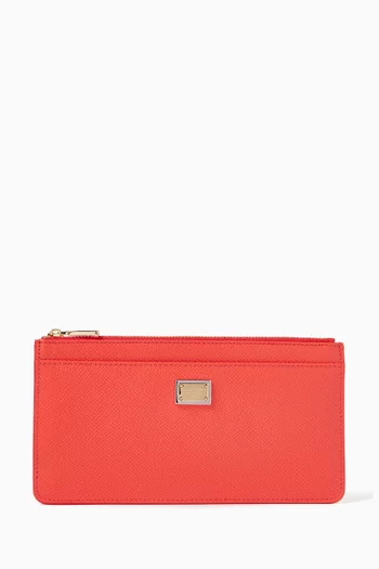 LARGE CARD HOLDER IN DAUPHINE LEATHER WITH ZIP ON TOP AND DOLCE & GABBANA METAL GOLD PLAQUE:Orange    :One Size|217335234