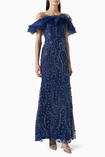 Bead-embellished Ruffle Gown in Tulle