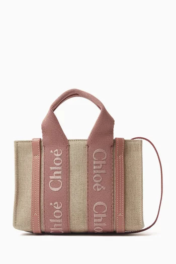 Mini Woody Tote Bag in Linen Canvas & Calfskin