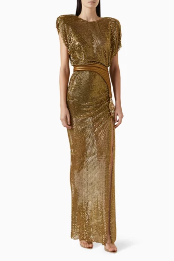 JEM GOWN- HAND SEWN PREMIUM GARMENT, CRYSTAL STONE MESH GOWN WITH STITCHED WAISTBAND, JEWEL SUSPENDER DETAIL & SHOULDER ACCENTS:Gold    :2|217412009