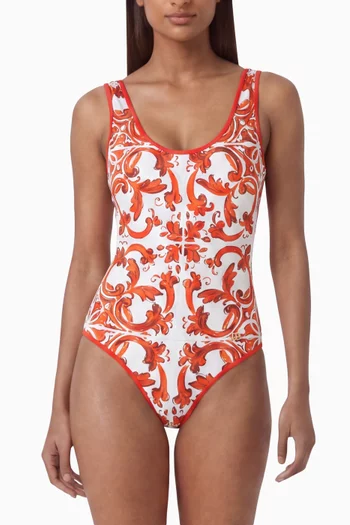 Majolica-print Racing One-piece Swimsuit in Stretch Nylon