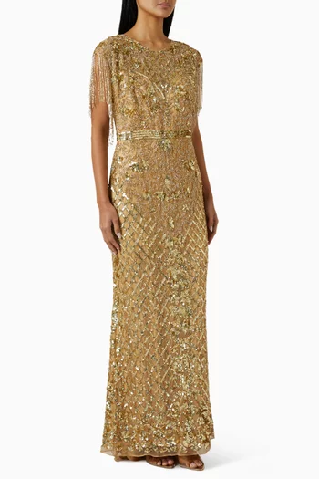 Sequin Fringe Gown in Mesh