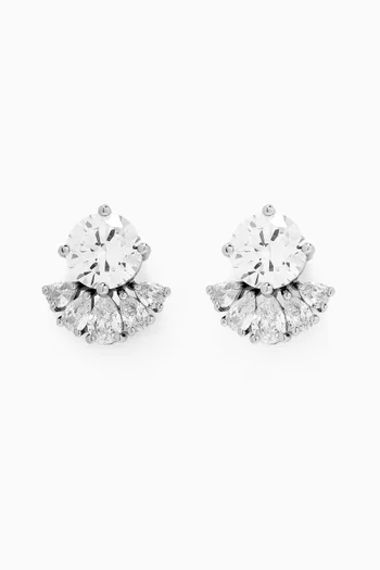 CZ Pear & Round Fan Stud Earrings in Rhodium-plated Brass