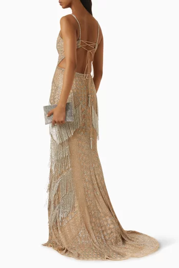 Sequin-embellished Fringe Gown
