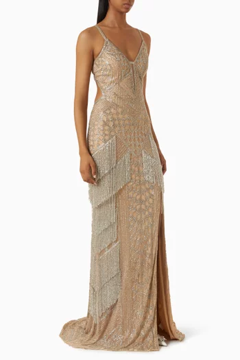 Sequin-embellished Fringe Gown