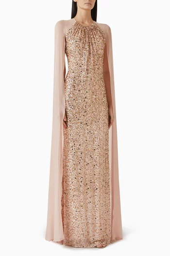 Elite Embellished Cape-sleeve Gown