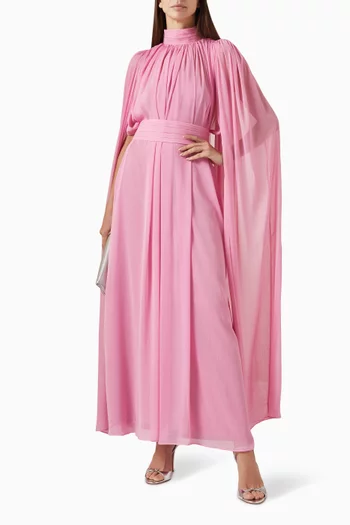 High-neck Cape Maxi Dress in Chiffon
