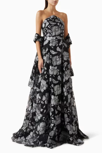 Embroidered Shawl Gown in Tulle