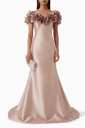 3D Floral-applique Gown in Mikado