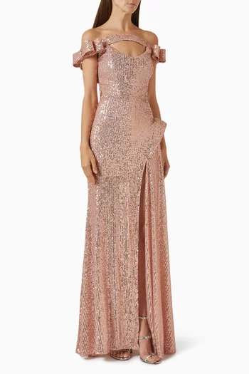 Sequin-embellished Off-shoulder Gown