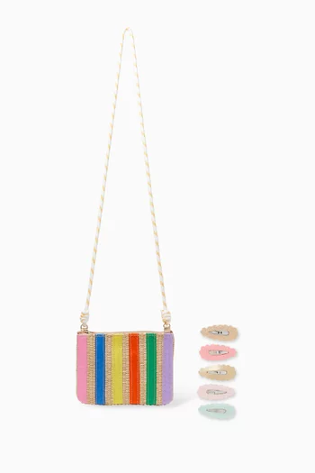 Striped Straw Bag & Mini Hair Clip Set