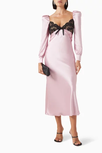 Bow Lace-trim Dress in Silk Satin