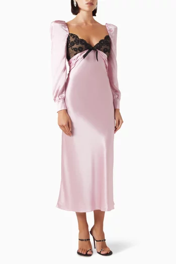 Bow Lace-trim Dress in Silk Satin