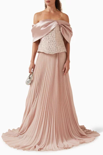 Embellished Off-shoulder Pleated Gown