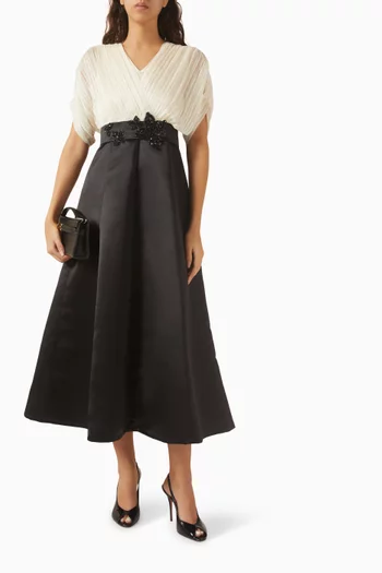 Embellished Belted Gown in Crepe & Chiffon