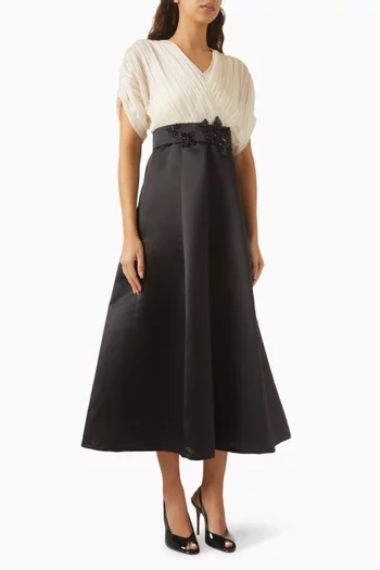 Embellished Belted Gown in Crepe & Chiffon