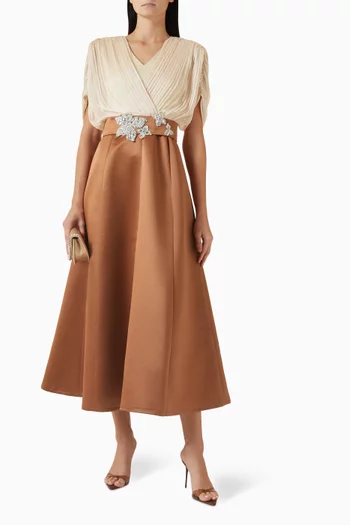 Embellished Belted Gown in Crepe & Chiffon