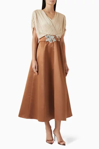 Embellished Belted Gown in Crepe & Chiffon