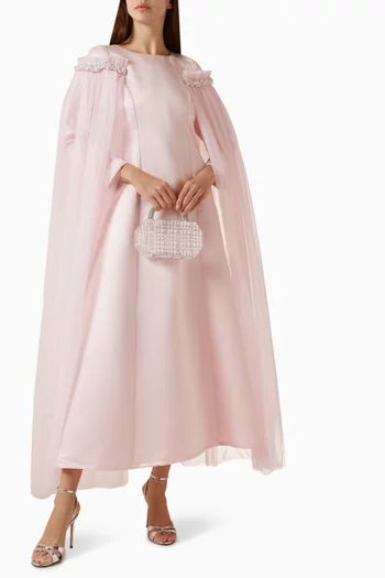 Embellished Cape Dress in Tulle & Crepe