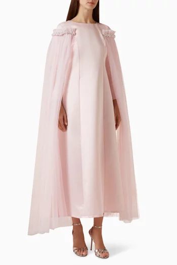Embellished Cape Dress in Tulle & Crepe