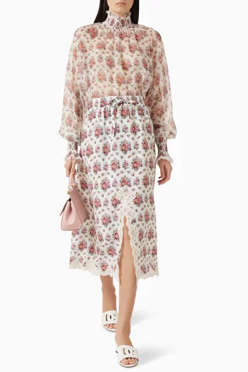 Floral-print Slit Skirt in Silk Blend