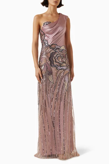 Embellished One-shoulder Gown in Satin