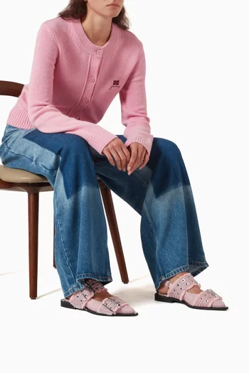 Feminine Buckle Ballerina Flats in Fringed Denim