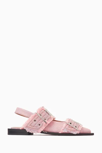 Feminine Buckle Ballerina Flats in Fringed Denim