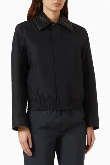 Intrecciato Leather Collar Blouson Jacket in Silk-blend