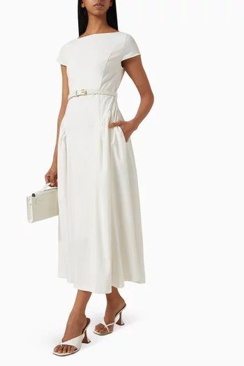Gaia Boat-neck Belted Midi Dress in Cotton-blend