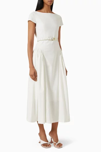 Gaia Boat-neck Belted Midi Dress in Cotton-blend