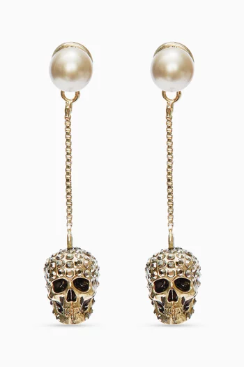 Skull Pave Drop Earrings in Brass