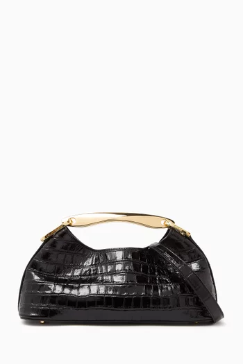 Mini Boomerang Top-handle Bag in Croc-embossed Suede Leather