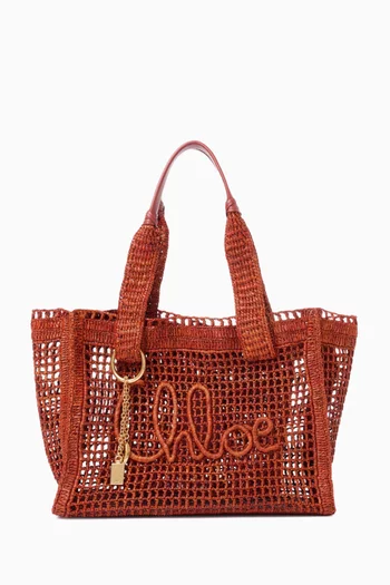 Medium Summer Banana Tote Bag in Raffia & Calfskin