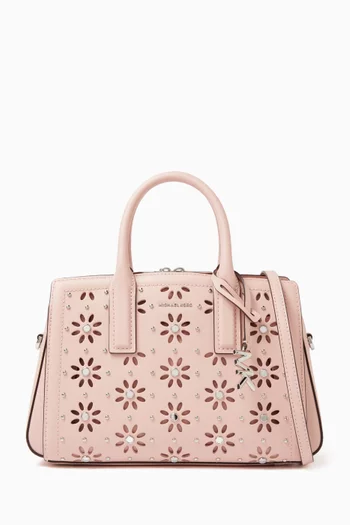 Small Laila Laser-cut Satchel Bag in Leather