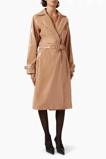 Belted Trench Coat in Coated Faux-leather