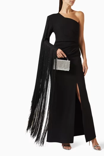 Fringe One Shoulder Gown in Crepe