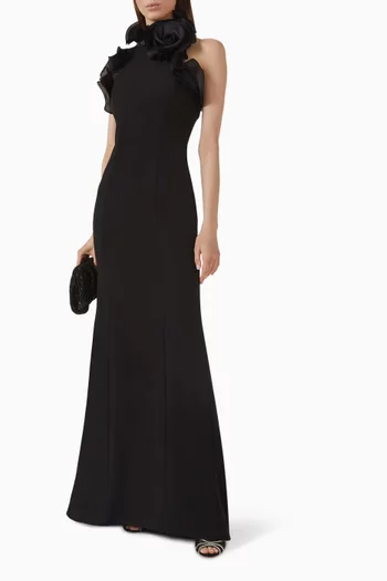 Ruffle Neck Halter Gown in Stretch Crepe Organza