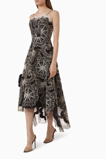Re-embroidered High-low Midi Dress in Tulle