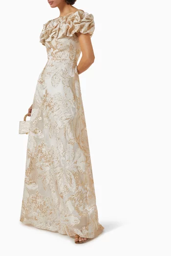Off-shoulder Scrunch Gown in Metallic Jacquard