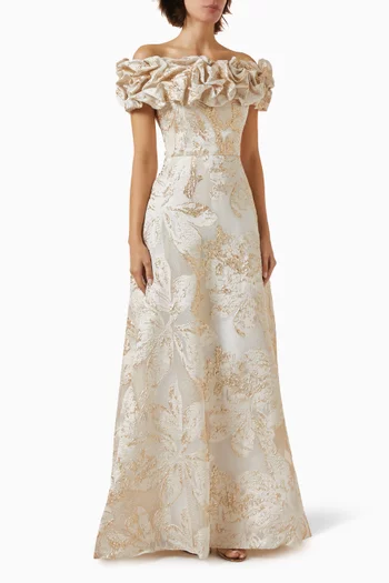 Off-shoulder Scrunch Gown in Metallic Jacquard