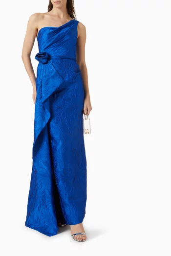 Tonal One-shoulder Side Drape Gown in Jacquard