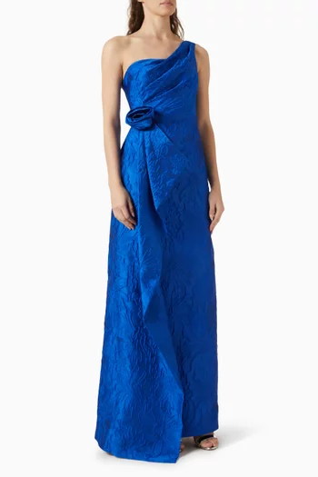Tonal One-shoulder Side Drape Gown in Jacquard