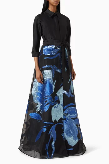 Shirtwaist Metallic Skirt Gown in Taffeta & Organza