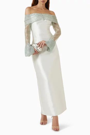 Thread Embroidered Maxi Dress in Satin