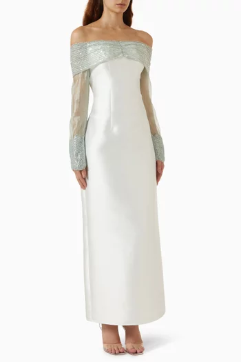 Thread Embroidered Maxi Dress in Satin