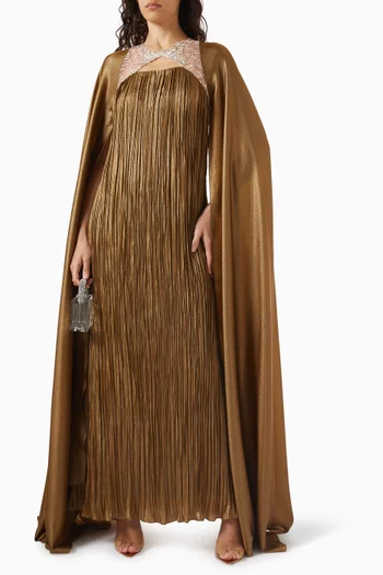 Cape-sleeve Pleated Maxi Dress in Crushed Satin